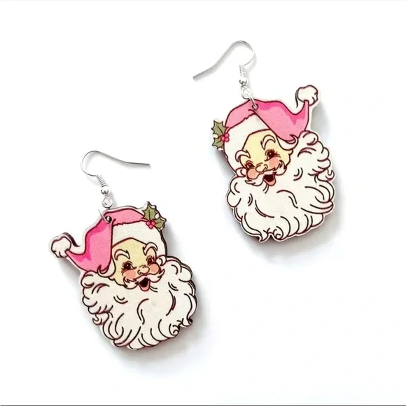 Vintage style pink-hat Santa resin drop earrings new with tags NWT Christmas - Picture 1 of 4